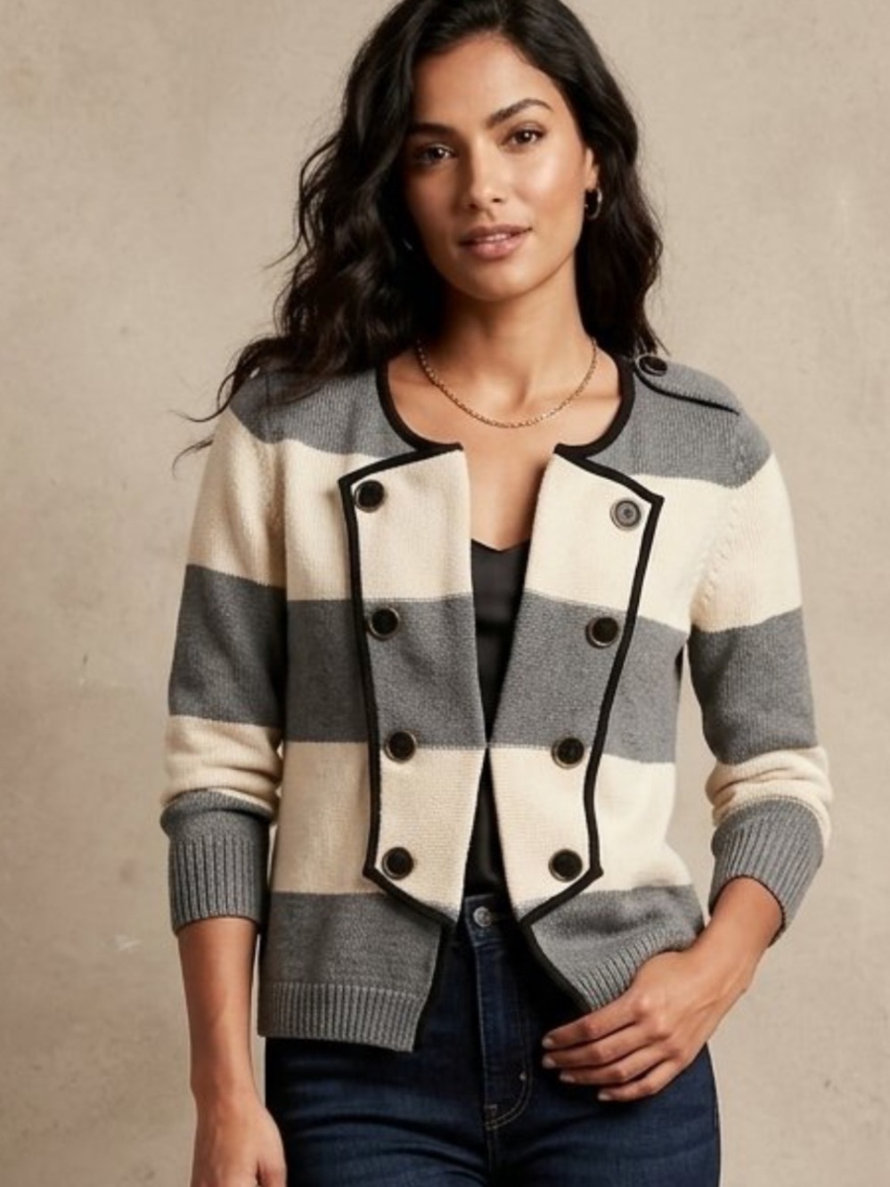 LOFT Striped Sweater Jacket Double Breasted Cotton Cardigan Blazer M